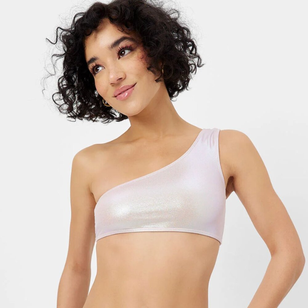 Frankie's Bikinis Pink Barb Iridescent One Shoulder Bikini Top, Size Small
